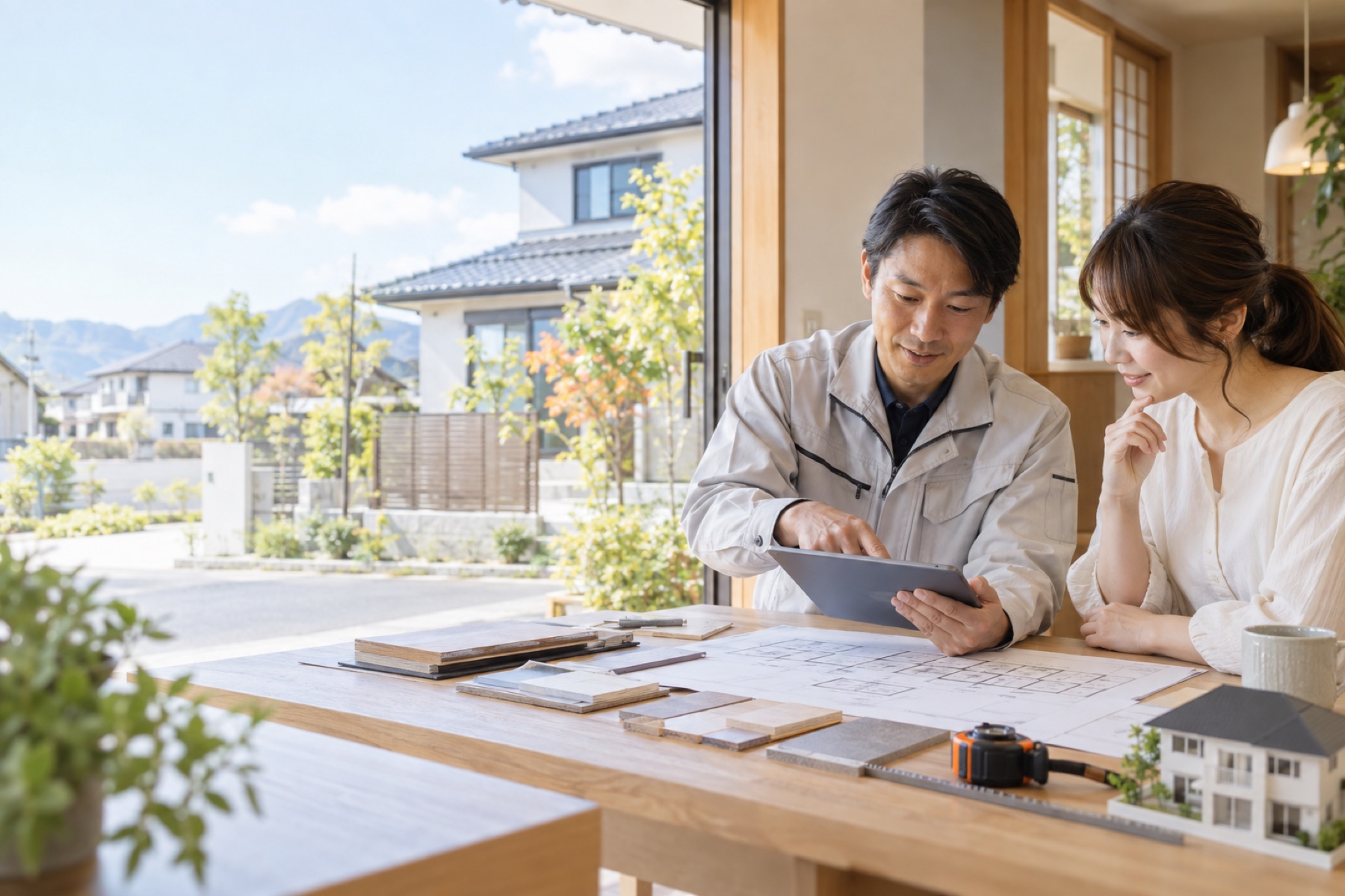 住宅リフォームの担当者がお客様へ図面とタブレットで説明するイメージ