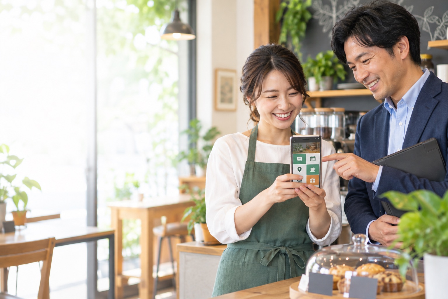 店舗オーナーと担当者がLINEの配信画面を確認するイメージ
