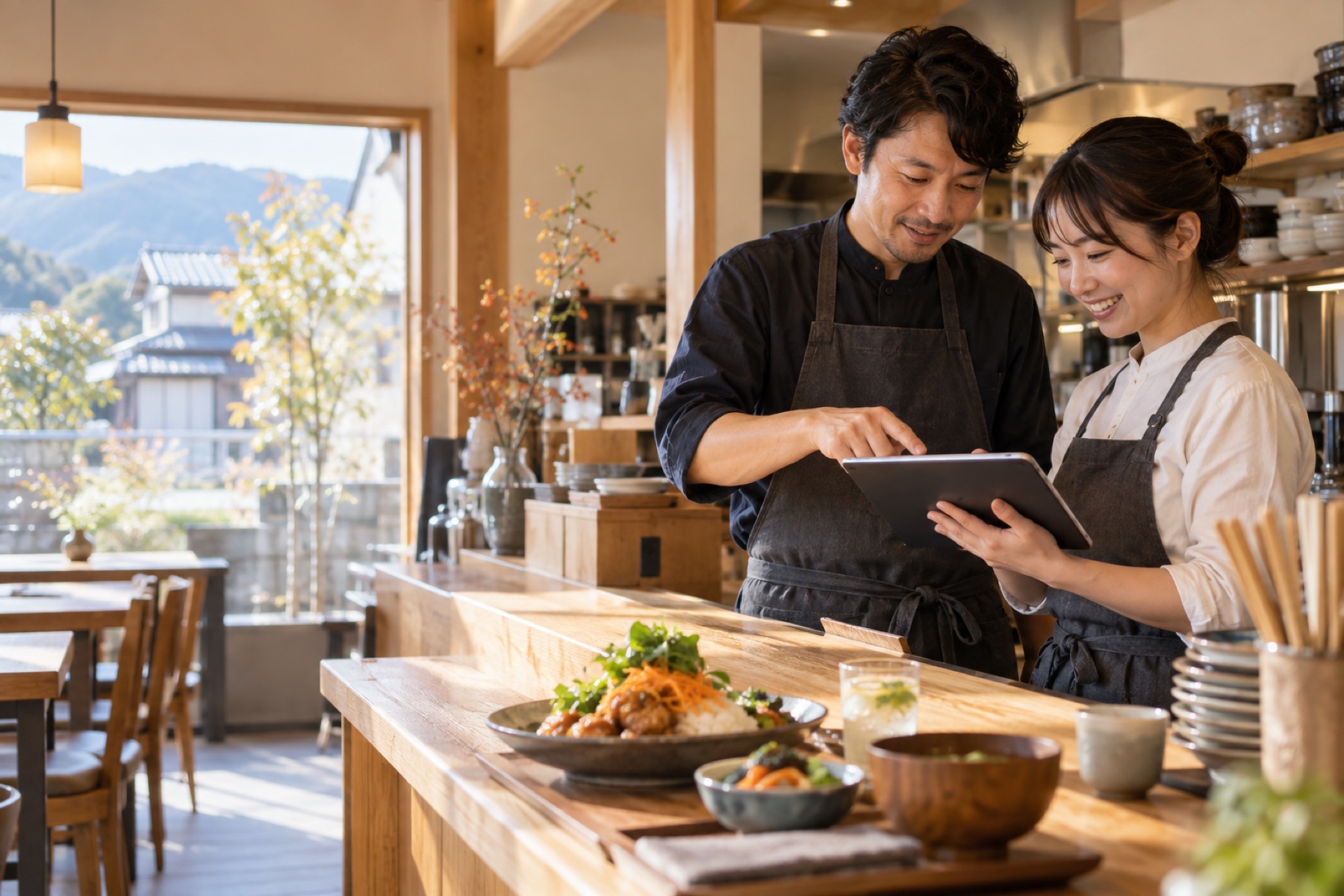 飲食店のスタッフがタブレットでメニューと予約情報を確認するイメージ